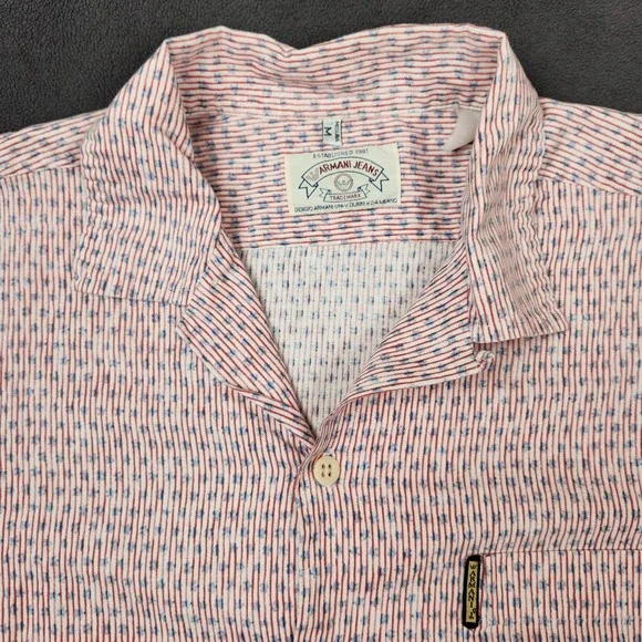 Armani Jeans Shirt Mens Medium Red Striped Linen Blend Short Sleeve Button Up - Picture 1 of 11